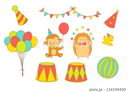 Cute circus monkey with hat and balloon. Funny animal. Hand drawn color illustration Cute circus monkey with hat and balloon. Funny animal. Hand drawn color illustration 116599400