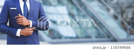 Business Life. Unrecognizable African American Man Adjusting Sleeve Cuff In City. Cropped, Free Space, Web-banner 116599686