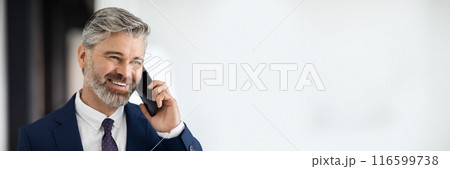 Closeup Portrait Of Handsome Mature Businessman Talking On Mobile Phone Indoors, Smiling Middle Aged Man Wearing Suit Enjoying Cellphone Conversation, Entrepreneur Having Pleasant Call, Copy Space 116599738