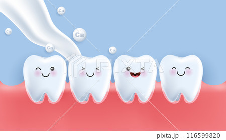 Teeth happy and healthy tooth character smiling with milk splash and calcium. can be used in children dentist clinic. Medical health and dentistry concept. cartoon dental character. vector design 116599820