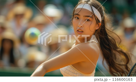 試合中の女子テニスプレーヤー 116600163