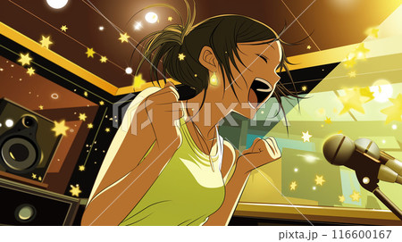 カラオケボックスのステージで歌う女性 カラオケボックスのステージで歌う女性 116600167