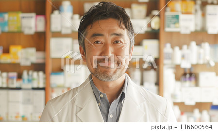 薬局で働く優し気な笑顔の男性薬剤師 116600564