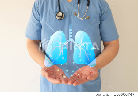 Doctor hands holding lung organ symbol. Awareness of lung cancer, pneumonia, asthma, COPD, pulmonary hypertension, world no tobacco day and eco air pollution. Respiratory and chest concept. Doctor hands holding lung organ symbol. Awareness of lung cancer, pneumonia, asthma, COPD, pulmonary hypertension, world no tobacco day and eco air pollution. Respiratory and chest concept. 116600747