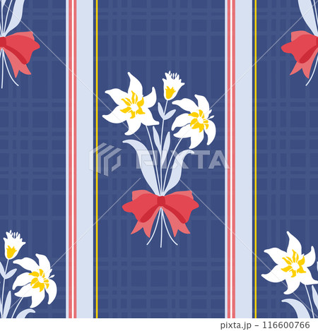 White lilies on dark blue. Striped floral preppy style seamless pattern. White lilies on dark blue. Striped floral preppy style seamless pattern. 116600766