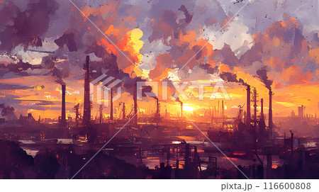 夕暮れの工業地帯の水彩イラスト風景 116600808