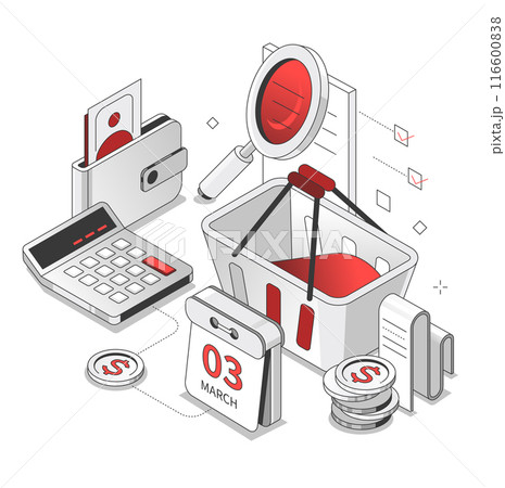 Cost planning - black and red isometric line illustration 116600838