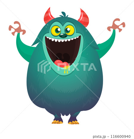 Funny cartoon monster character. Illustration of cute and happy creature or alien. Halloween vector design isolated 116600940