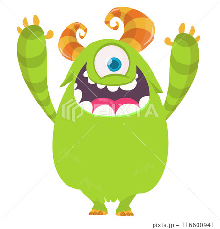 Funny cartoon monster character. Illustration of cute and happy creature or alien. Halloween vector design isolated 116600941