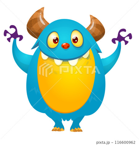 Funny cartoon monster character. Illustration of cute and happy creature or alien. Halloween vector design isolated Funny cartoon monster character. Illustration of cute and happy creature or alien. Halloween vector design isolated 116600962