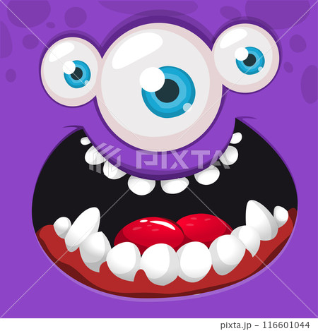 Cartoon monster face with one eye. Vector Halloween monster illustration. Great for package design or party decoration Cartoon monster face with one eye. Vector Halloween monster illustration. Great for package design or party decoration 116601044