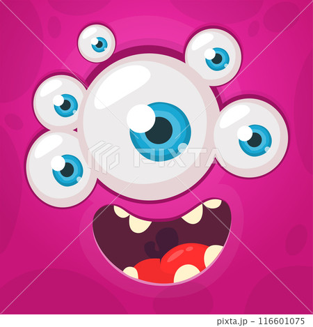 Cartoon monster face with many eyes. Vector Halloween monster illustration. Great for package design or party decoration 116601075