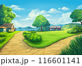 Outdoor illustration with trees, houses, and hills. 116601141