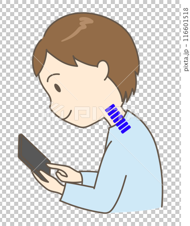 A young man with a straight neck looking at his smartphone with his back hunched over 1 116601518