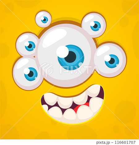 Cartoon monster face with many eyes and funny expression. Vector Halloween monster illustration. Great for package design or party decoration Cartoon monster face with many eyes and funny expression. Vector Halloween monster illustration. Great for package design or party decoration 116601707