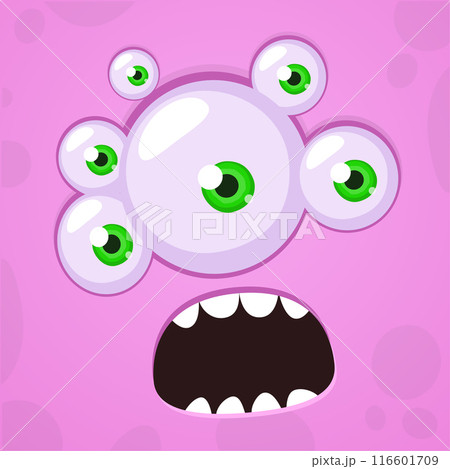 Cartoon monster face with many eyes. Vector Halloween monster illustration. Great for package design or party decoration Cartoon monster face with many eyes. Vector Halloween monster illustration. Great for package design or party decoration 116601709