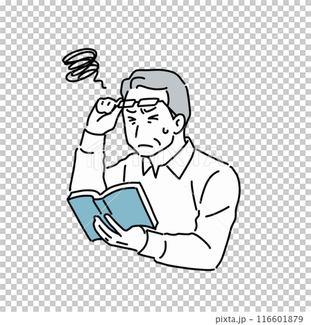 A senior man who has difficulty reading the text in a book due to presbyopia 116601879