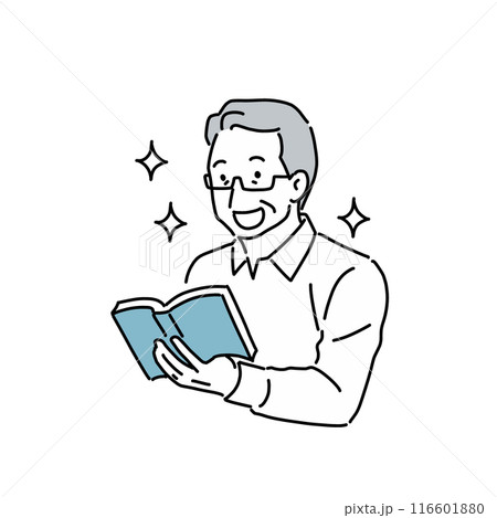 老眼鏡で読書をする笑顔のシニア男性 116601880