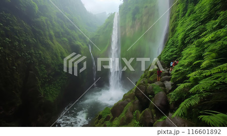 Tourists Discovering a Majestic Waterfall in a Lush Valley 116601892