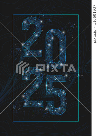 Abstract isolated blue image of new year number 2025. Polygonal low poly wireframe illustration looks like stars in the black night sky in space or flying glass shards. Digital web, internet design. Abstract isolated blue image of new year number 2025. Polygonal low poly wireframe illustration looks like stars in the black night sky in space or flying glass shards. Digital web, internet design. 116601937