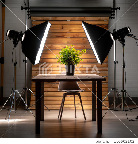Well-Organized Photography Studio with Lighting and Wooden Table Well-Organized Photography Studio with Lighting and Wooden Table 116602102