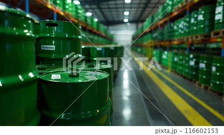 Warehouse with Green Industrial Barrels 116602153