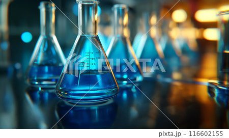 Laboratory Scene with Glowing Blue Liquid in Erlenmeyer Flasks Laboratory Scene with Glowing Blue Liquid in Erlenmeyer Flasks 116602155