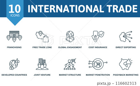 International Trade thin line icon set. Franchising, Free Trade Zone, Global Engagement, Cost Insurance, Direct Exporting, Developed Countries, Joint Venture, Market Structure, Market Penetration International Trade thin line icon set. Franchising, Free Trade Zone, Global Engagement, Cost Insurance, Direct Exporting, Developed Countries, Joint Venture, Market Structure, Market Penetration 116602313