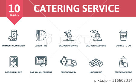 Catering Service thin line icon set. Payment Completed, Lunch Time, Delivery Service, Delivery Address, Coffee To Go, Food Menu App, One Touch Payment, Fast Delivery, Hot Baking, Takeaway Food icons Catering Service thin line icon set. Payment Completed, Lunch Time, Delivery Service, Delivery Address, Coffee To Go, Food Menu App, One Touch Payment, Fast Delivery, Hot Baking, Takeaway Food icons 116602314