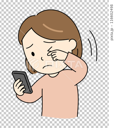 A young woman who is having difficulty seeing due to smartphone presbyopia 116602498