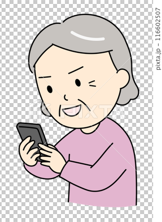 スマホを夢中で見ているおばあさん スマホを夢中で見ているおばあさん 116602507