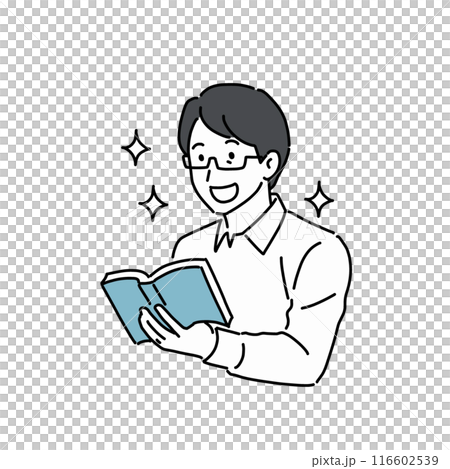 A man in his 40s wearing glasses happily reading a book 116602539