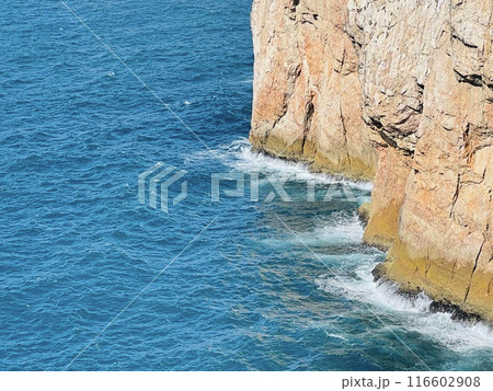 View of strong waves hitting the rock at Sagres, Algarve, Portugal. 116602908