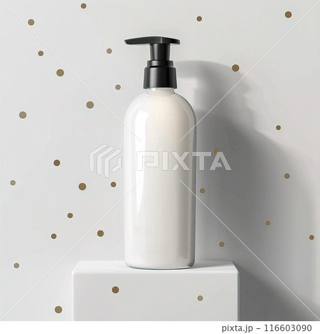 Monochrome lotion bottle on a platform, showcasing minimalist aesthetics in skincare packaging 116603090