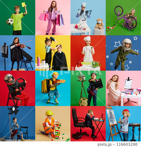 Vivid collage. Group of little children in uniforms of different professions against vivid colorful backgrounds. 116603280