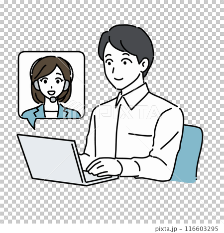 一名男子在電腦上與一名女操作員互動 116603295