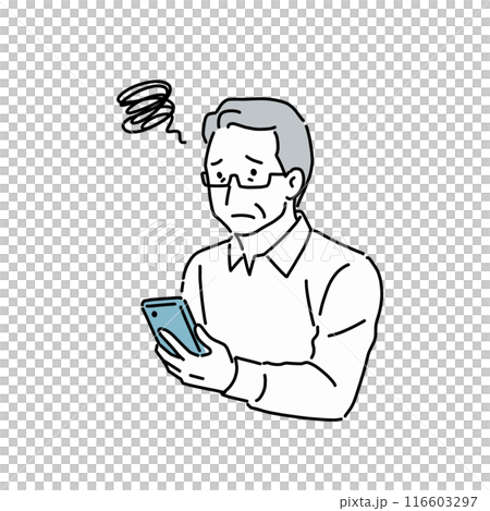 スマホの操作に困るシニア男性 スマホの操作に困るシニア男性 116603297