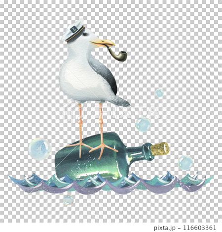 A sea gull with a tobacco pipe and a captain's cap floats through the waves on a glass bottle of rum. Hand drawn watercolor illustration. Composition isolated from background 116603361
