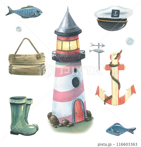 Striped lighthouse, fish, wooden board, rubber boots, captain's cap, anchor and bubbles. Hand drawn watercolor illustration on the theme of sea fishing. Set of elements isolated from background. 116603363