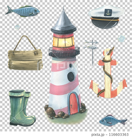 Striped lighthouse, fish, wooden board, rubber boots, captain's cap, anchor and bubbles. Hand drawn watercolor illustration on the theme of sea fishing. Set of elements isolated from background. 116603363