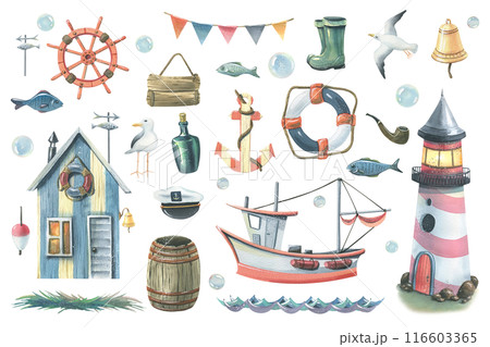 Sea fishing with a lighthouse, boat, cabin, steering wheel, anchor, lifebuoy, barrel, boots, fish and seagulls. Clip art Watercolor hand drawn illustration. Set of elements isolated from background. 116603365