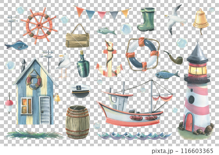 Sea fishing with a lighthouse, boat, cabin, steering wheel, anchor, lifebuoy, barrel, boots, fish and seagulls. Clip art Watercolor hand drawn illustration. Set of elements isolated from background. 116603365