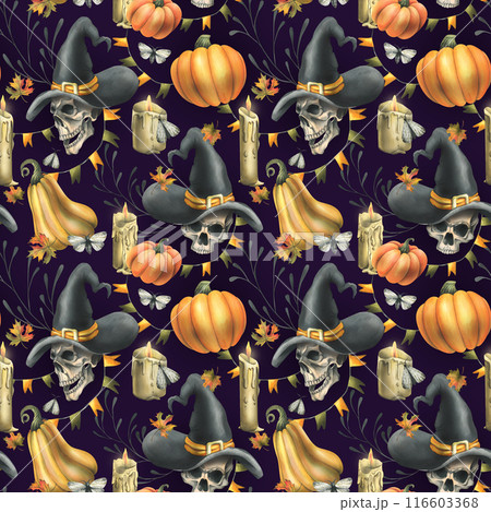 Human skulls in a black witch hat, orange pumpkins, candles and autumn maple leaves. Hand drawn watercolor illustration for Halloween. Seamless pattern on a dark purple background. Human skulls in a black witch hat, orange pumpkins, candles and autumn maple leaves. Hand drawn watercolor illustration for Halloween. Seamless pattern on a dark purple background. 116603368