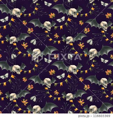Human skulls with bat wings, branches, moths, garlands of flags and autumn leaves. Hand drawn watercolor illustration for Halloween and Day of the Dead. Seamless pattern on a dark background Human skulls with bat wings, branches, moths, garlands of flags and autumn leaves. Hand drawn watercolor illustration for Halloween and Day of the Dead. Seamless pattern on a dark background 116603369