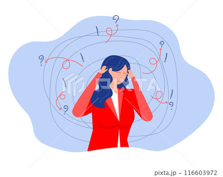 woman suffers from obsessive thoughts, headache, unresolved issues, psychological trauma, depression.Mental stress panic mind disorder illustration Flat vector illustration. woman suffers from obsessive thoughts, headache, unresolved issues, psychological trauma, depression.Mental stress panic mind disorder illustration Flat vector illustration. 116603972