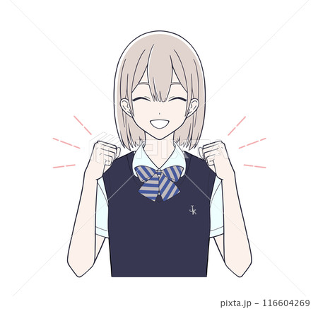 笑顔でガッツポーズする漫画風の女子学生イラスト 116604269