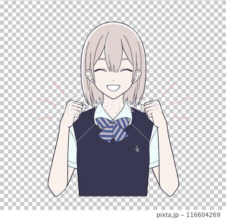 笑顔でガッツポーズする漫画風の女子学生イラスト 116604269