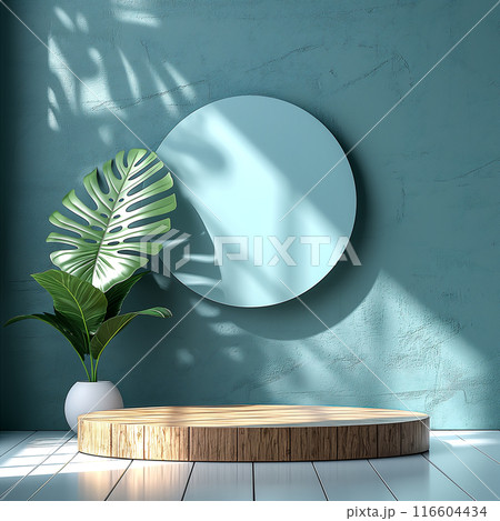 Wooden Podium With Green Plant and Blue Wall. Generative AI 116604434