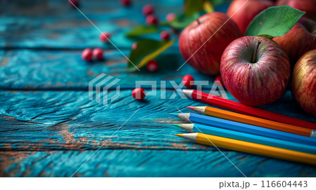 Red Apples and Colored Pencils on Blue Wood. Generative AI Red Apples and Colored Pencils on Blue Wood. Generative AI 116604443