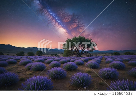 Lavender field at night, amazing landscape with starry sky, milky way and glow of sunrise 116604538